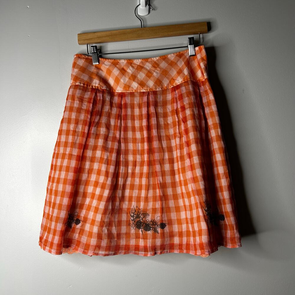 Vintage Free People‎ Silk Embroidered Gingham Skirt Women's 4 Cottagecore Lace